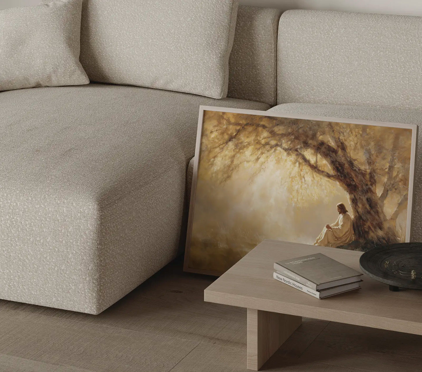 The Quiet Prayer – Jesus praying art print styled in contemporary neutral interior – faith-inspired wall decor