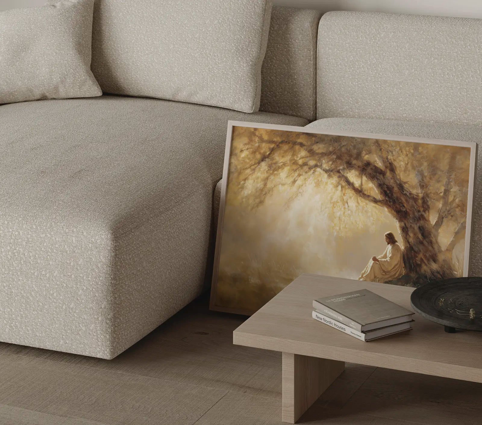 The Quiet Prayer – Jesus praying art print styled in contemporary neutral interior – faith-inspired wall decor