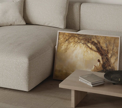 The Quiet Prayer – Jesus praying art print styled in contemporary neutral interior – faith-inspired wall decor