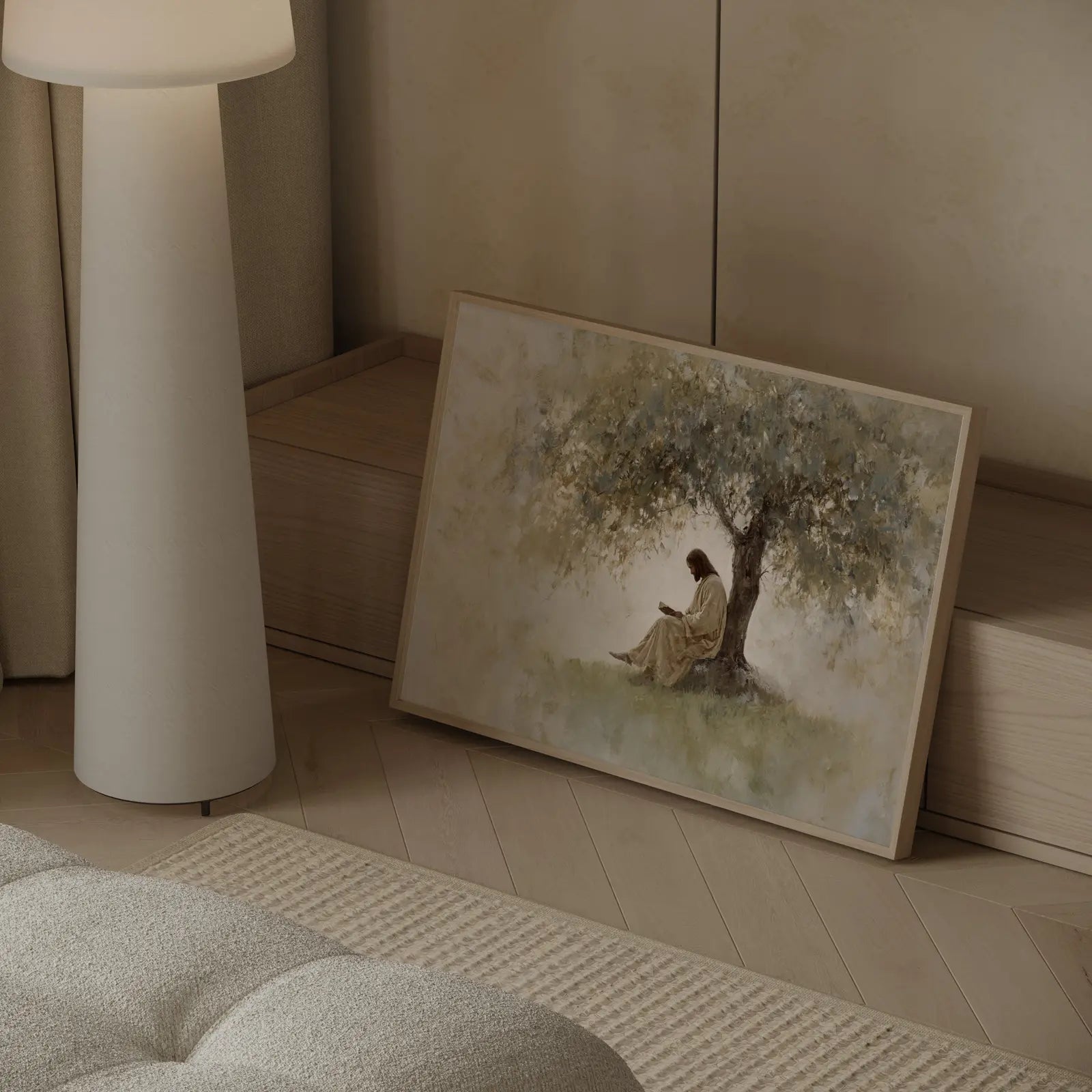 Serene Jesus sitting beneath golden tree reading book biblical meditation scene