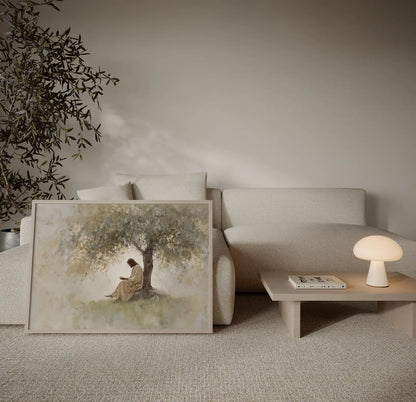 Wisdom of Christ art with Jesus studying in nature soft earth tones perfect for prayer room