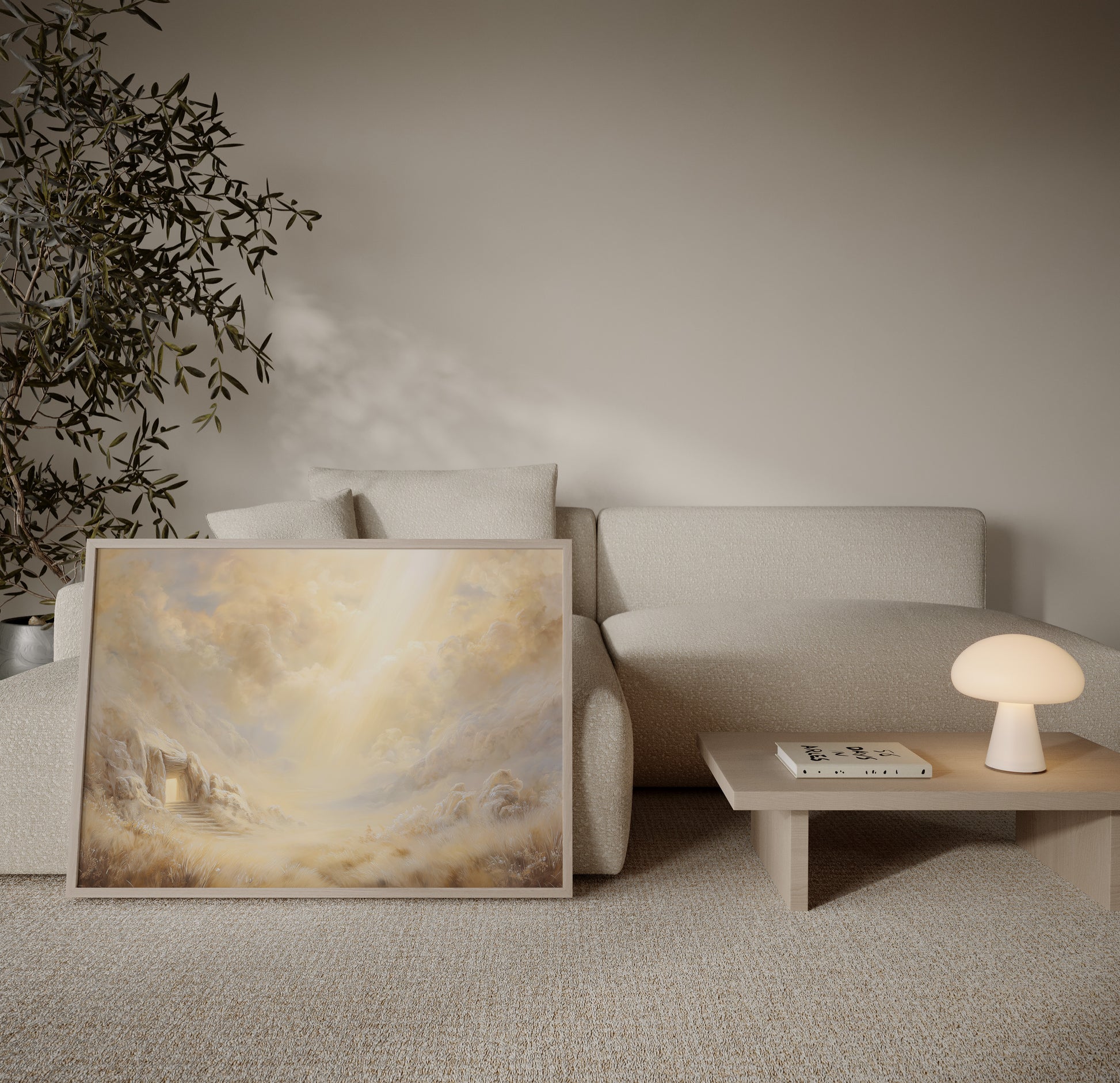 Ethereal minimalist painting of Jesus resurrected in the cave, with muted creams and golds, soft impressionist strokes, and calm spiritual light.