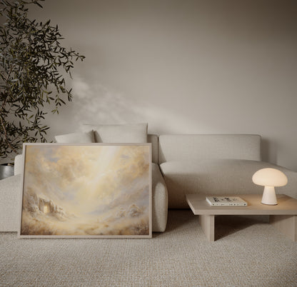 Ethereal minimalist painting of Jesus resurrected in the cave, with muted creams and golds, soft impressionist strokes, and calm spiritual light.