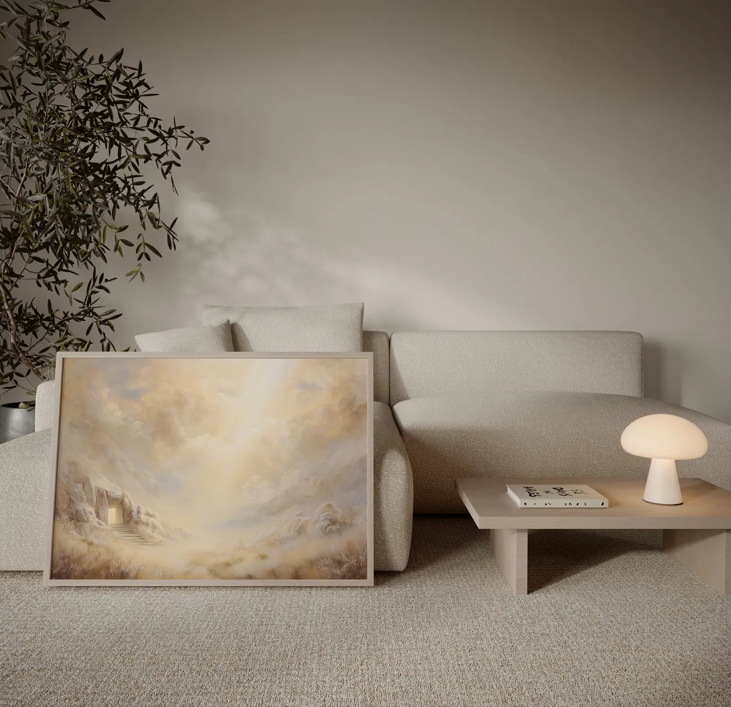 Empty Tomb resurrection art print displayed on floor next to modern sofa, biblical wall art in Scandinavian-style living room