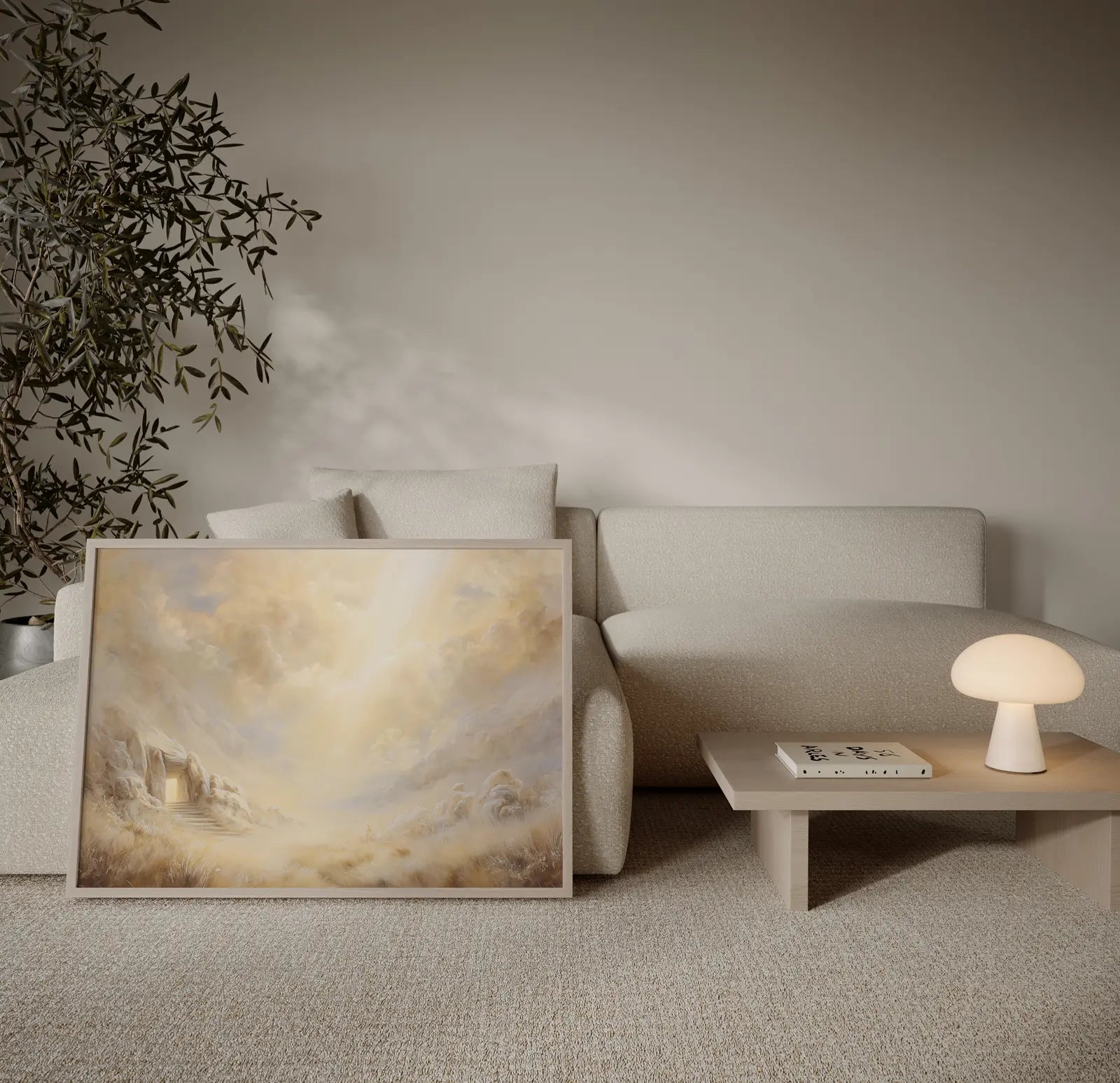 Empty Tomb resurrection art print displayed on floor next to modern sofa, biblical wall art in Scandinavian-style living room