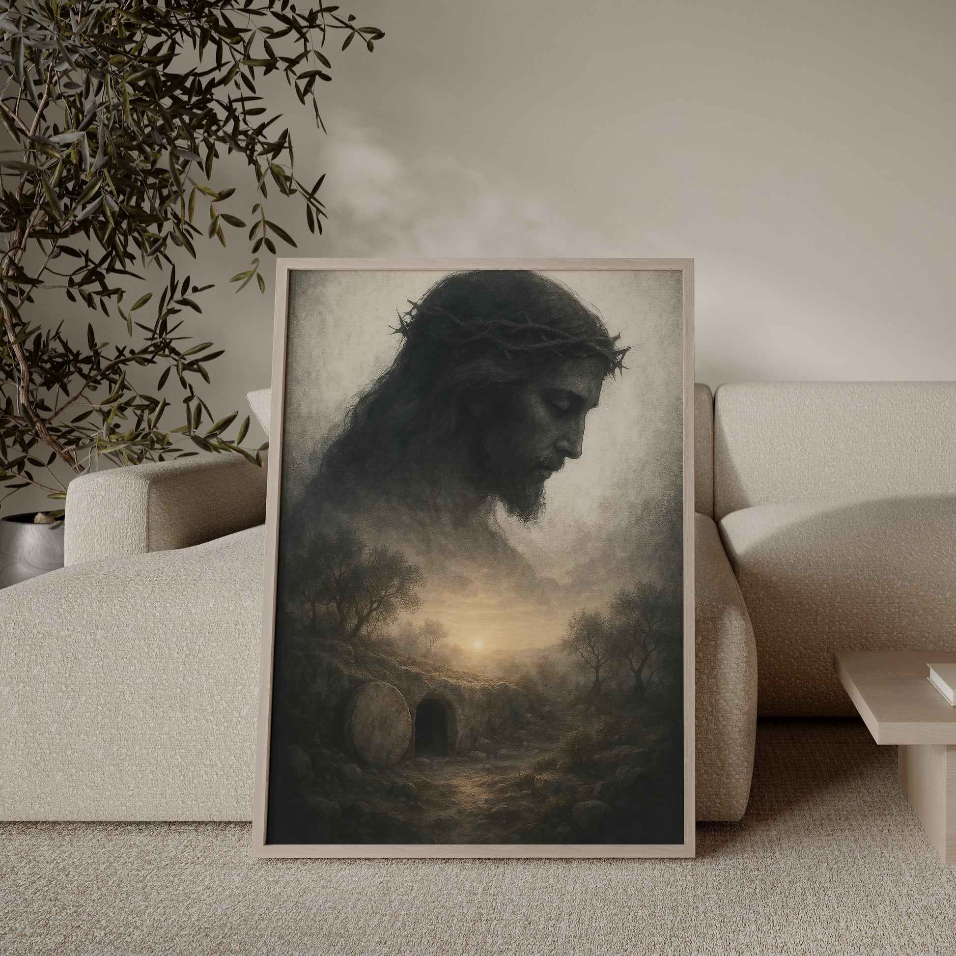 Christian artwork depicting Jesus’ resurrection in the cave, with soft impressionist brushstrokes, warm golden light, and a spiritual, triumphant mood.