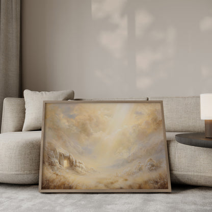 Modern Christian painting of Jesus in the Resurrection cave, featuring soft-focus brushwork, muted tonal palette, and ethereal, sacred light.