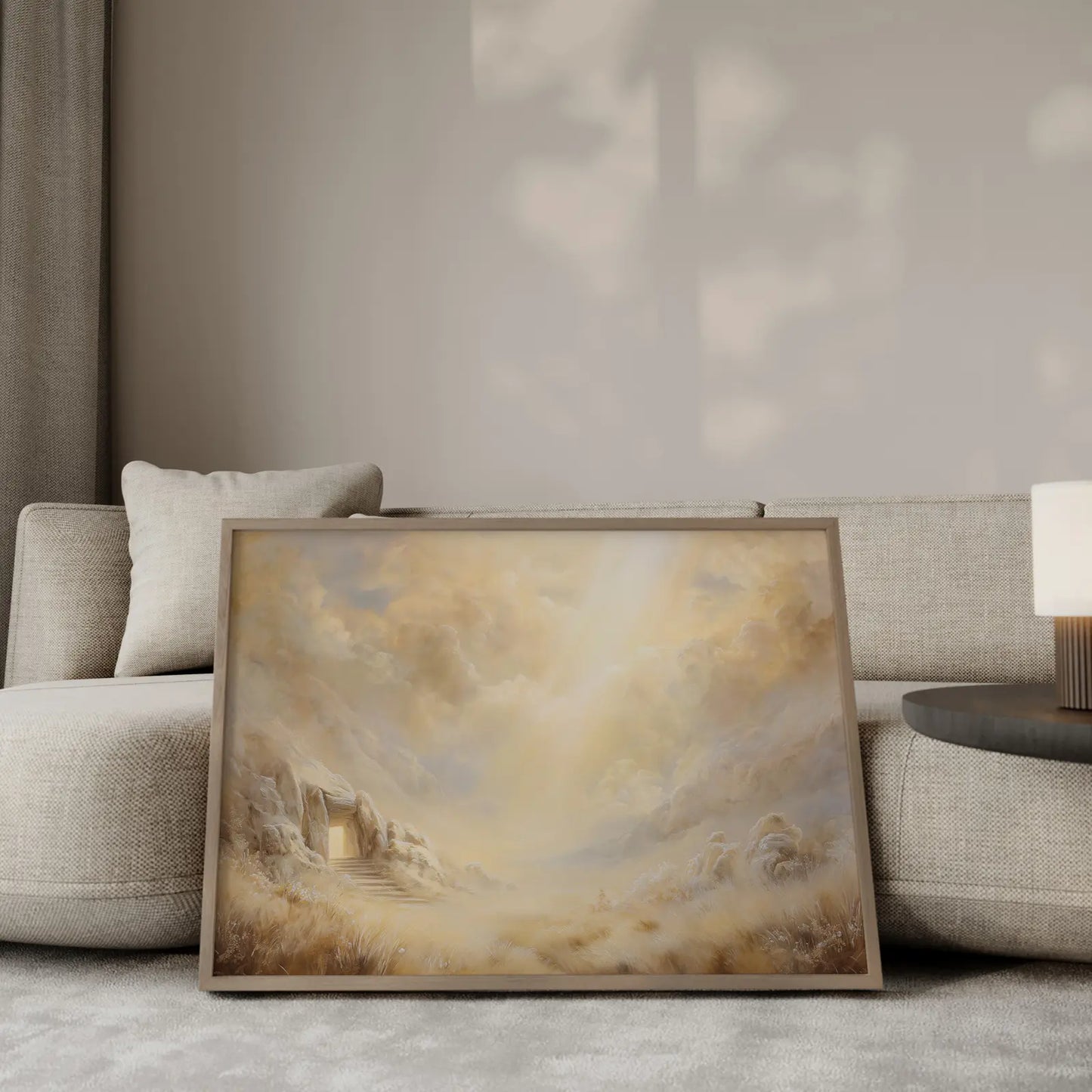 Close-up of The Empty Tomb art print showing museum-quality paper texture and golden light detail – easter wall art by JesusArtworks