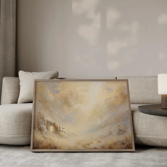 Close-up of The Empty Tomb art print showing museum-quality paper texture and golden light detail – easter wall art by JesusArtworks