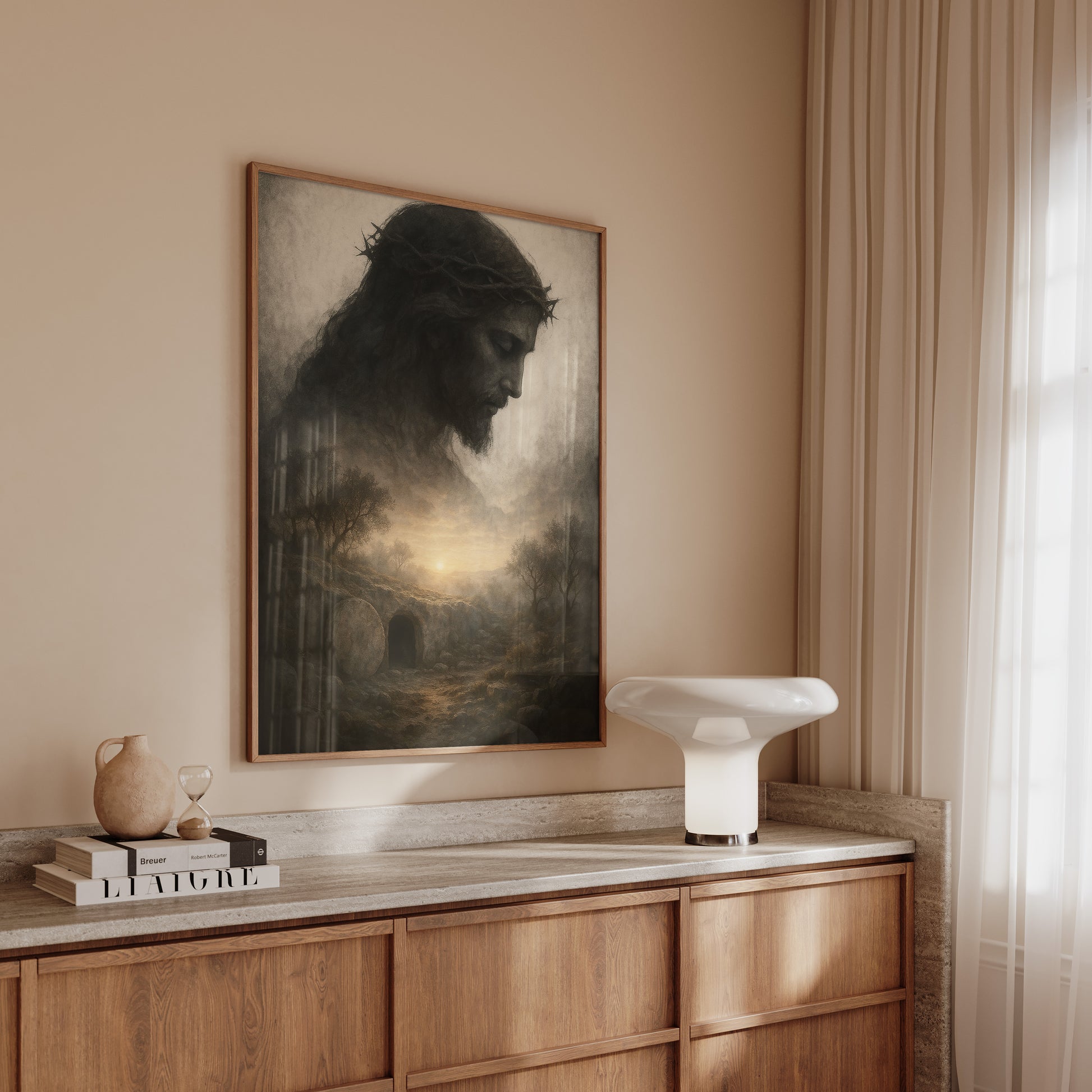 Tonalist Christian painting of Jesus’ resurrection in the cave, using earthy tones, soft textures, and a contemplative, uplifting atmosphere.