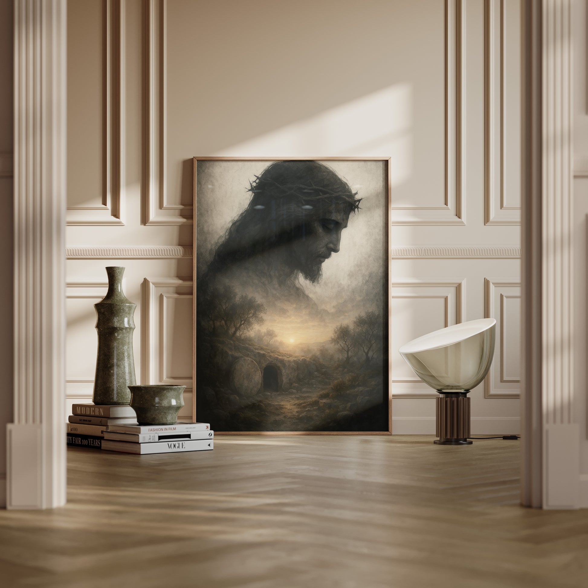 Spiritual Christian art showing Jesus risen from the cave, painted with a soft, impressionist style and warm, atmospheric lighting.