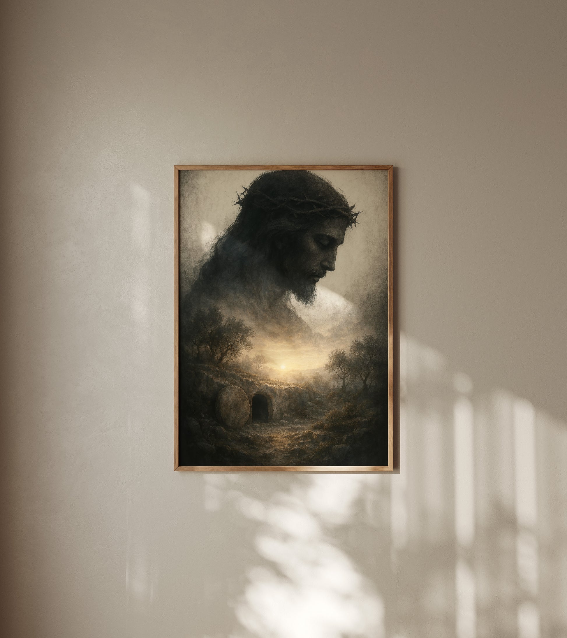 Tonal Christian wall art depicting Jesus risen in the cave, with misty, impressionist brushstrokes and a serene, sacred atmosphere.