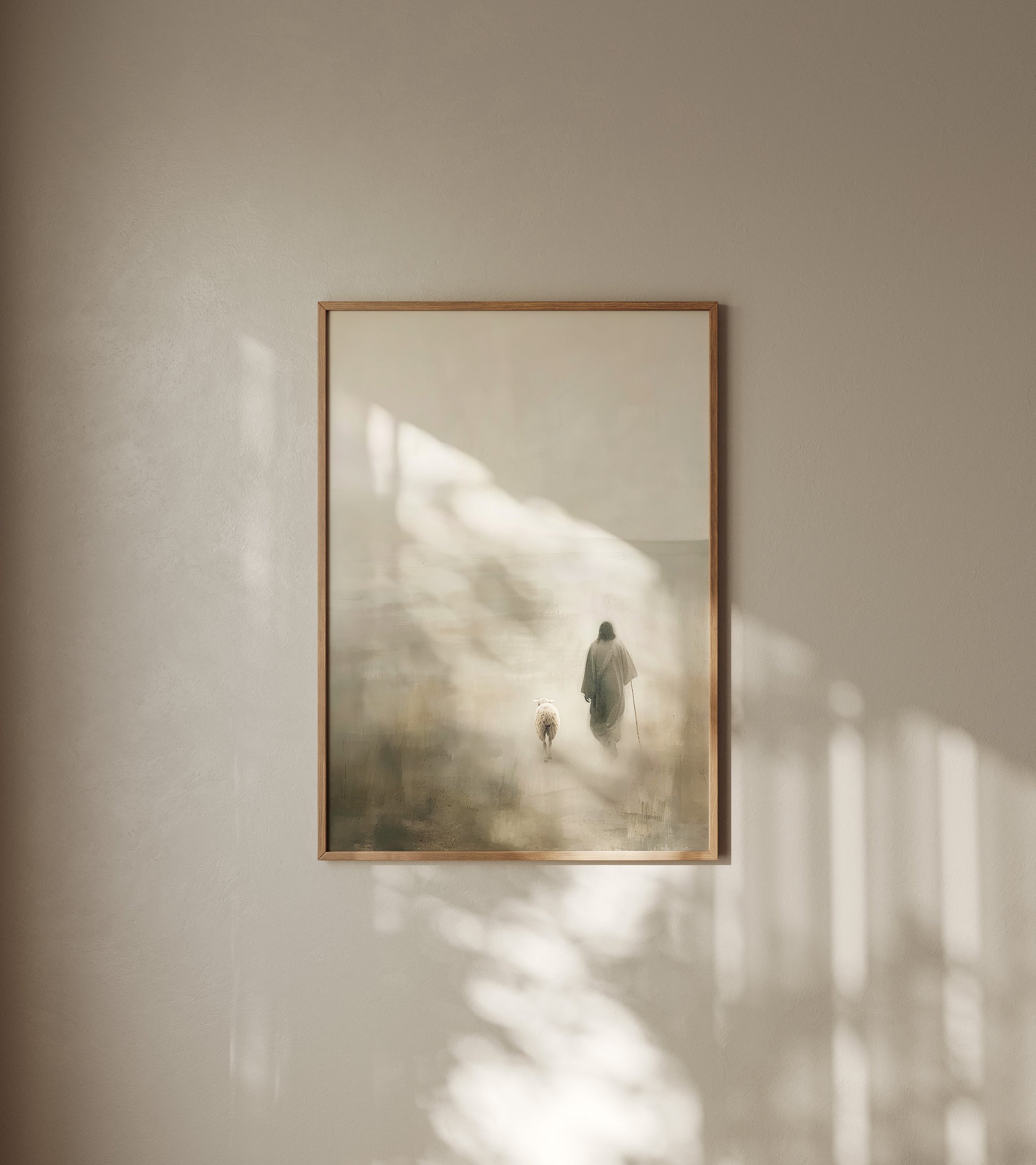 Contemporary minimalist painting of Jesus as shepherd, carrying a lamb and leaving the 99, with ethereal light, soft cream tones, and impressionist texture.