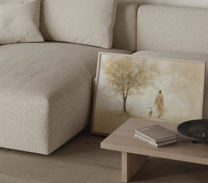 Modern Christian impressionist artwork of Jesus as the shepherd leaving the 99 sheep, featuring soft warm tones, impressionist brushwork, and serene divine light.