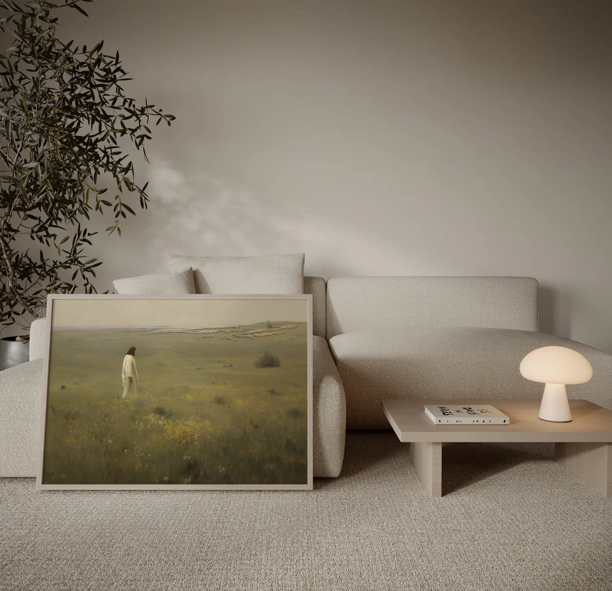 Jesus the Good Shepherd watching over a vast flock across a misty wildflower plain art print in a calm neutral Scandinavian living room with natural wood frame – JesusArtworks