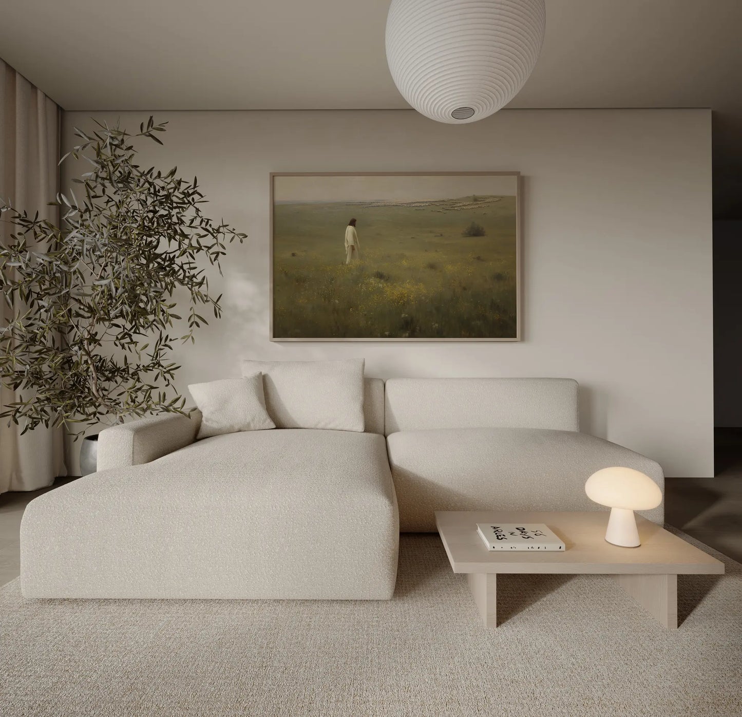 Jesus Good Shepherd watching flock across open plain with yellow wildflowers large format print above a sofa in a contemporary neutral living room – JesusArtworks