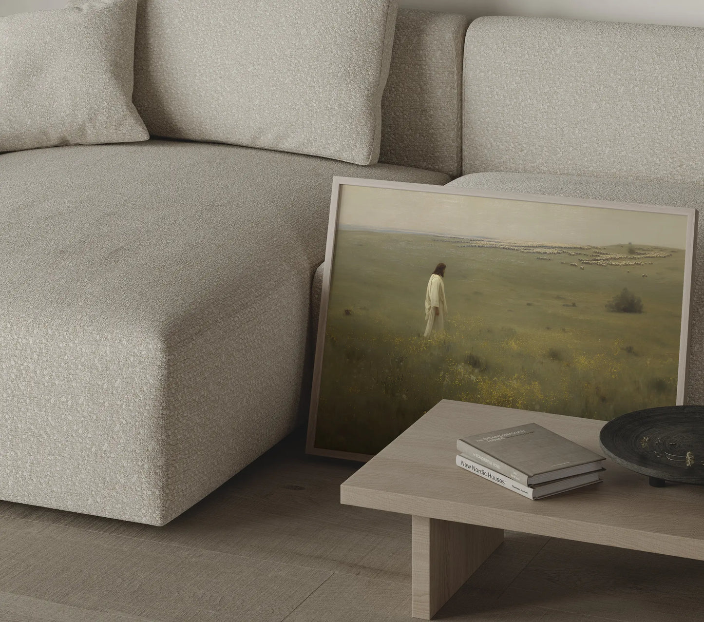 Not One Forgotten framed Jesus shepherd flock wildflower plain oil painting print in a bright minimalist room – JesusArtworks