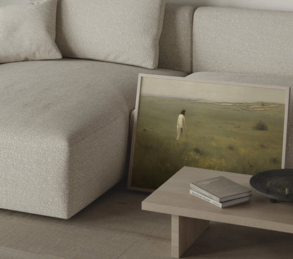 Not One Forgotten framed Jesus shepherd flock wildflower plain oil painting print in a bright minimalist room – JesusArtworks