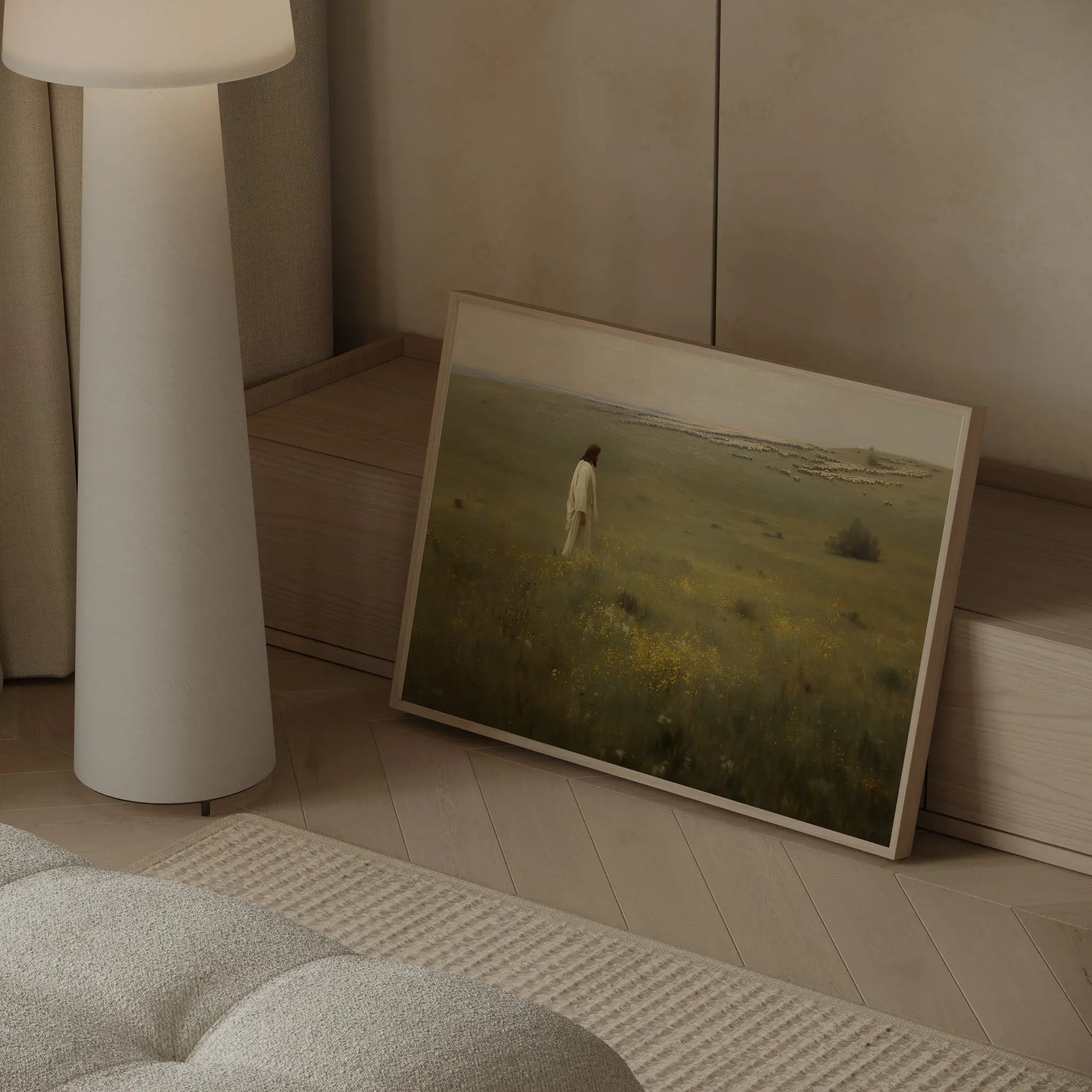 Not One Forgotten Jesus shepherd flock Christian art print in a Scandinavian minimalist home with white walls, warm wood, and linen textures – JesusArtworks