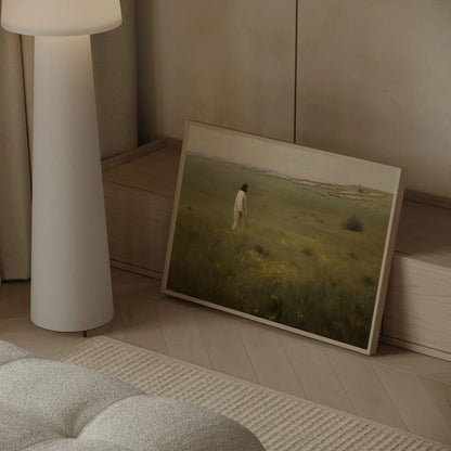 Not One Forgotten Jesus shepherd flock Christian art print in a Scandinavian minimalist home with white walls, warm wood, and linen textures – JesusArtworks