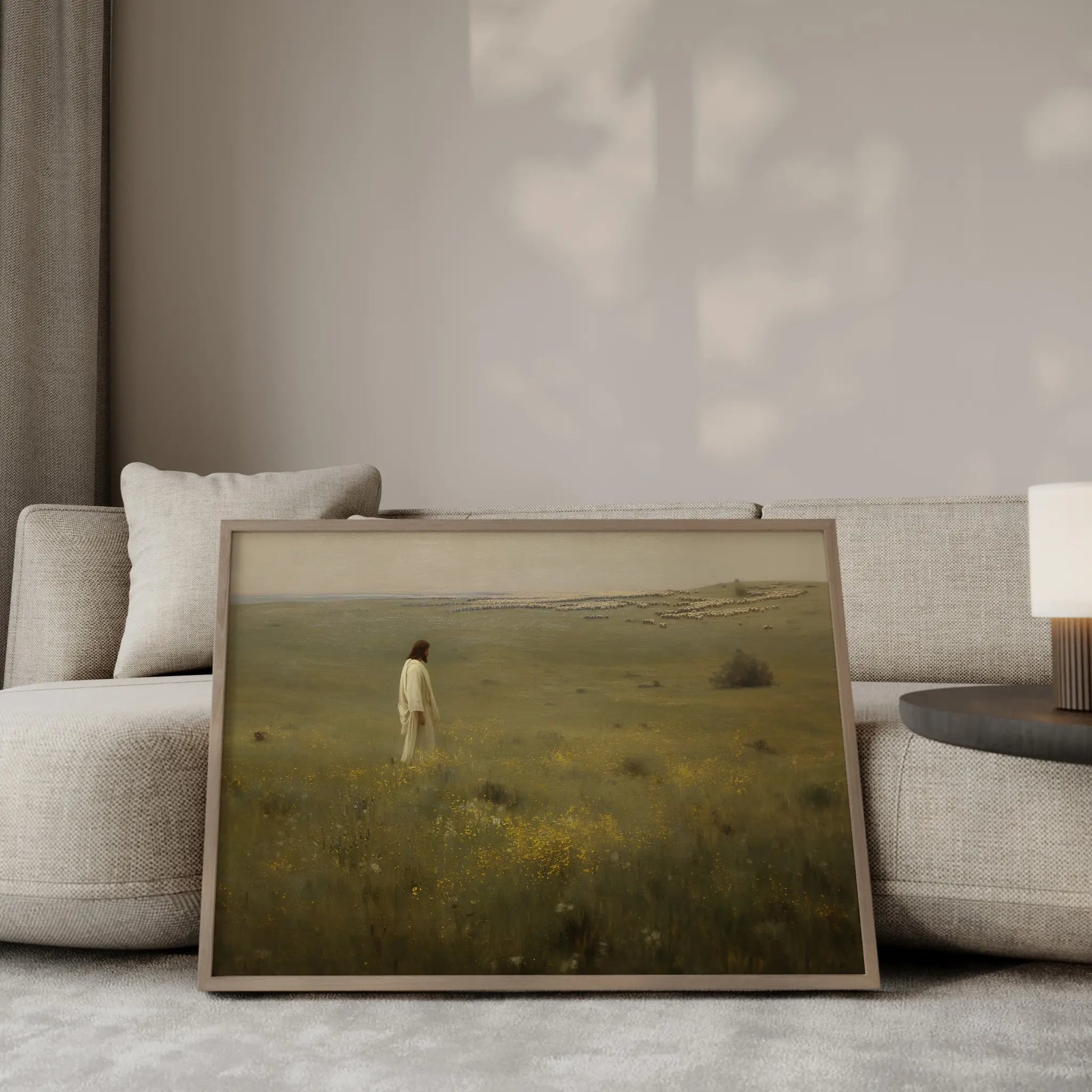 Not One Forgotten oil painting – Jesus in white robes standing in profile among yellow wildflowers watching a vast flock of sheep stretching across a wide misty plain to the horizon, Christian wall art by JesusArtworks