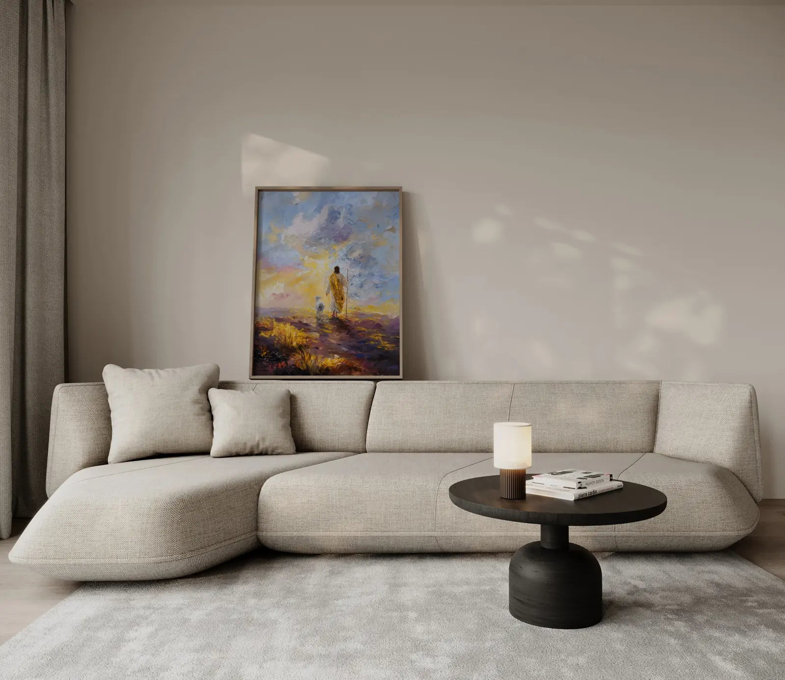 Colorful Christian wall art centerpiece hanging above a beige sofa to add vibrancy to the room