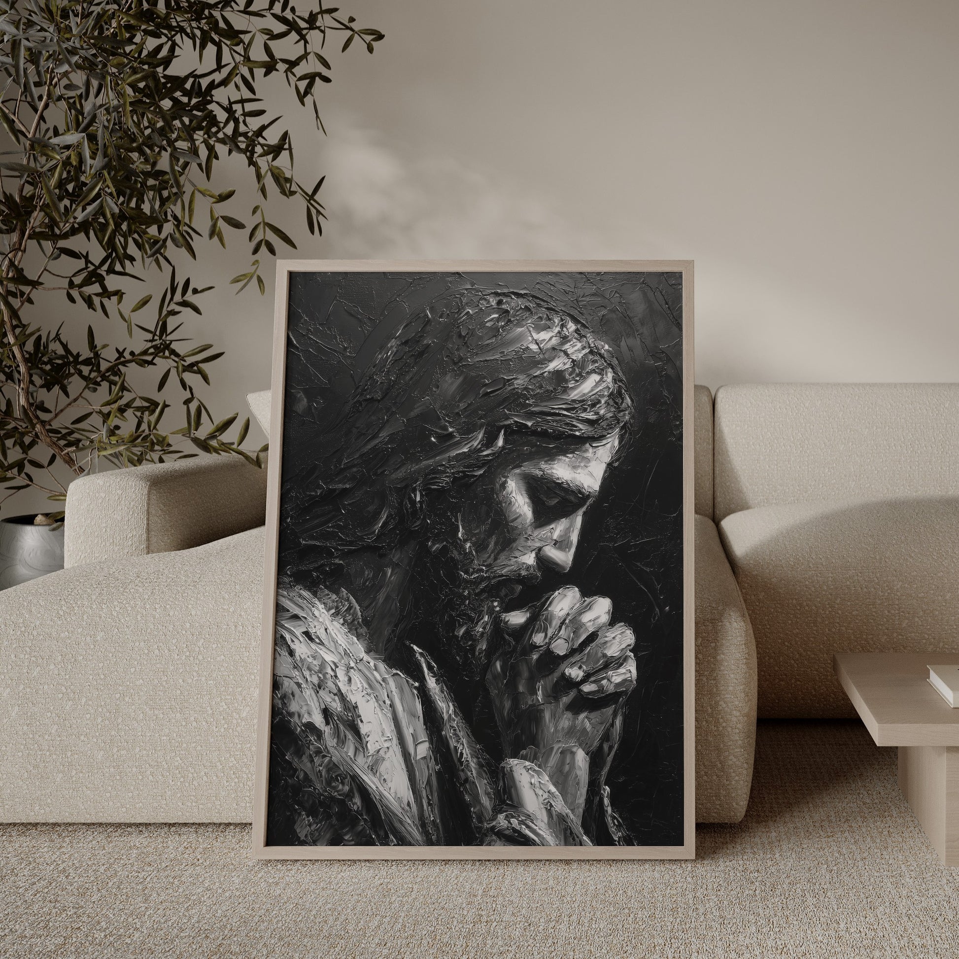 Black and white Jesus praying impasto painting – modern Christian wall art by JesusArtworks