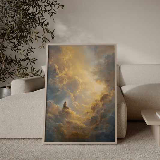 Modern spiritual artwork of Jesus sitting peacefully on a cloud in heaven, surrounded by warm golden light and a serene, celestial atmosphere.