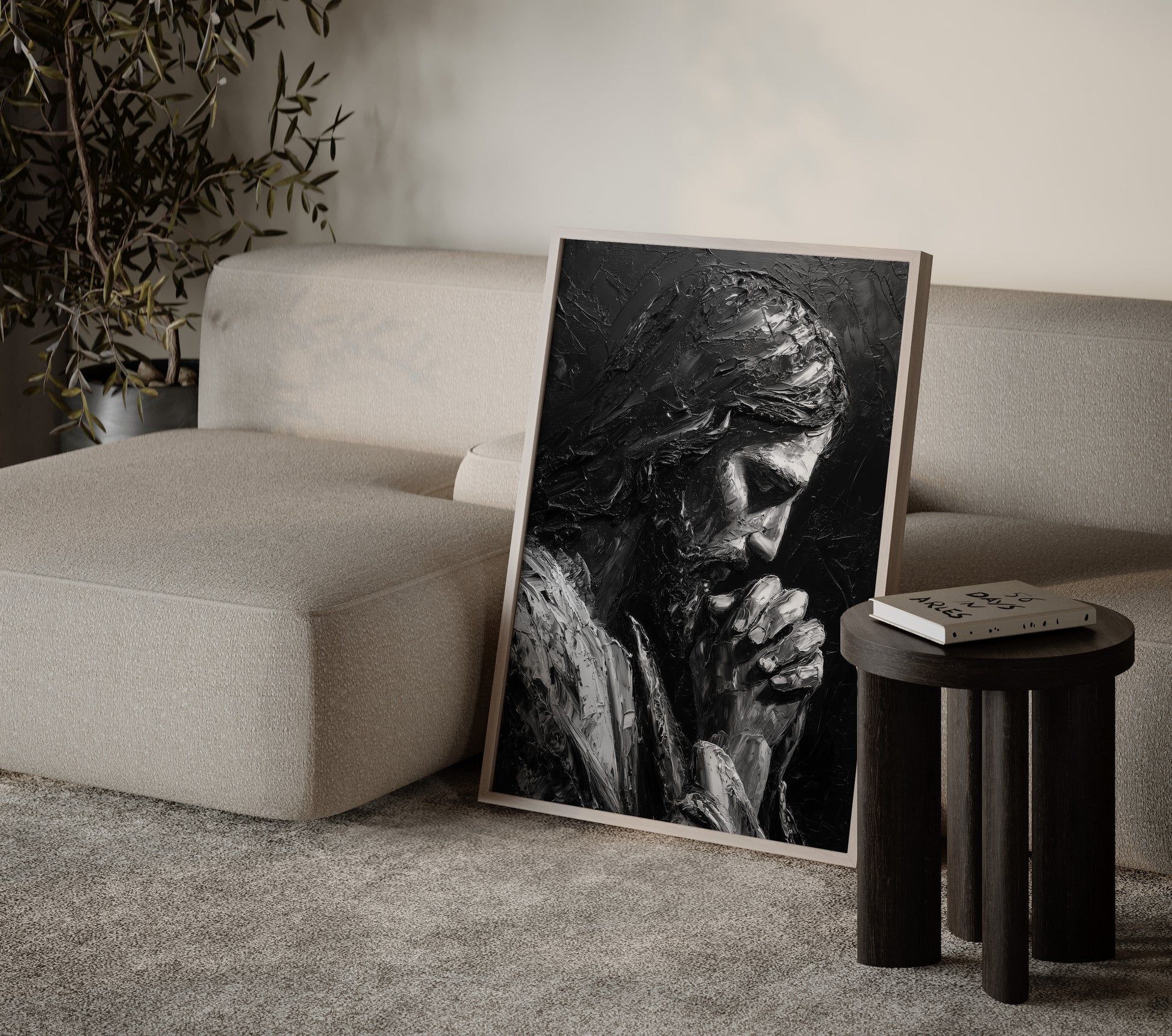 Emotional Christian artwork of Jesus sitting in prayer, with thick textured brushwork, abstracted details, and high-contrast chiaroscuro highlighting his devotion.