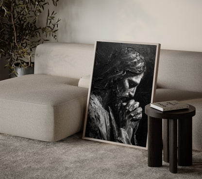 Emotional Christian artwork of Jesus sitting in prayer, with thick textured brushwork, abstracted details, and high-contrast chiaroscuro highlighting his devotion.