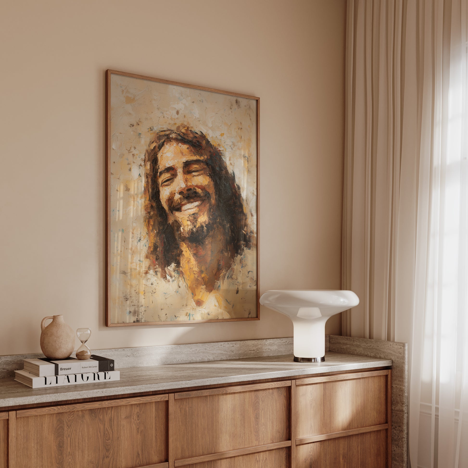 Contemporary impressionist artwork of Jesus smiling, blending warm tonal colors, expressive texture, and a radiant, uplifting presence.