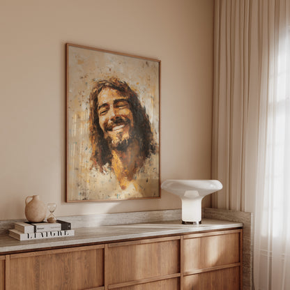 Contemporary impressionist artwork of Jesus smiling, blending warm tonal colors, expressive texture, and a radiant, uplifting presence.