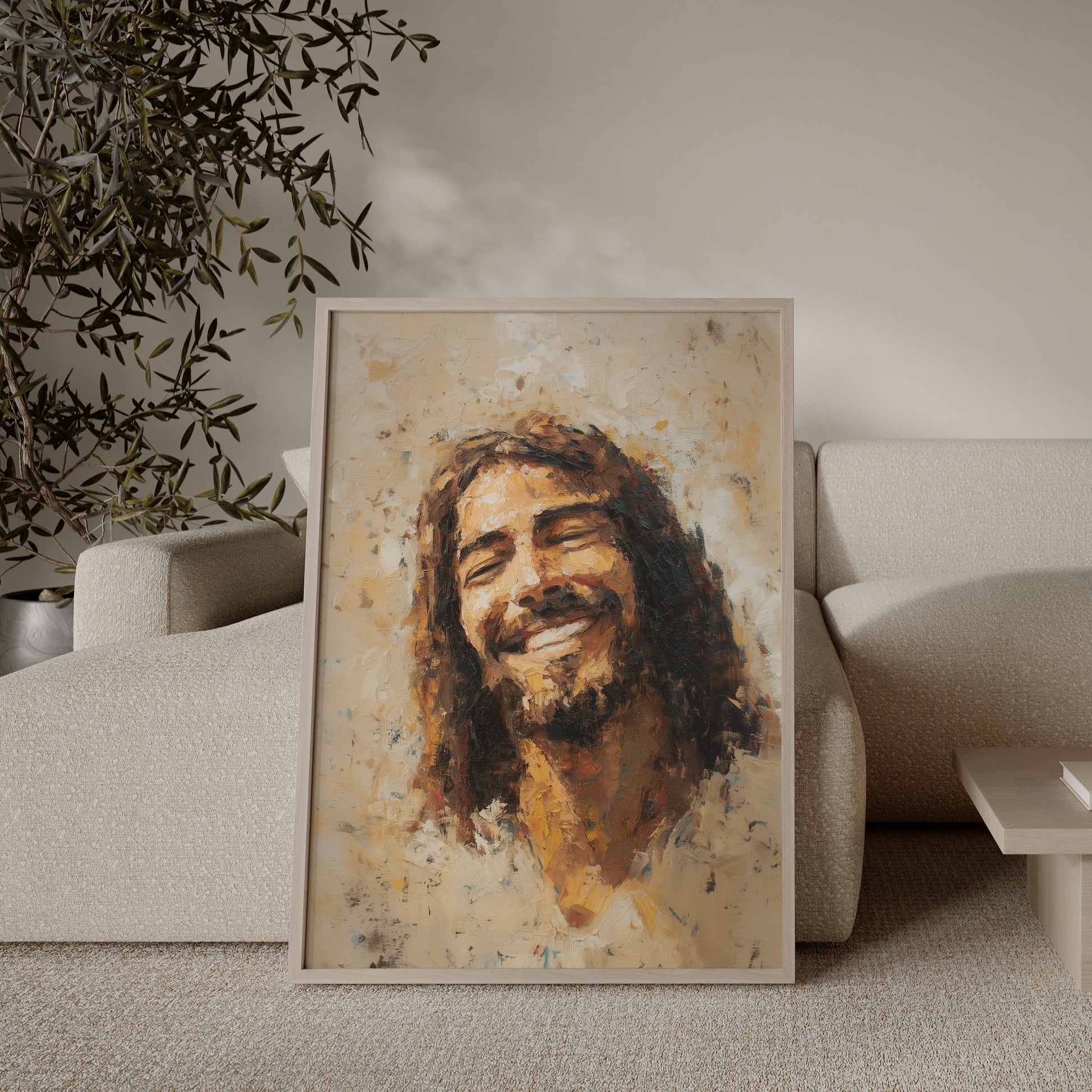 Modern Christian portrait of Jesus smiling, painted with expressive brushstrokes and warm tonal colors that convey joy, peace, and spiritual warmth.