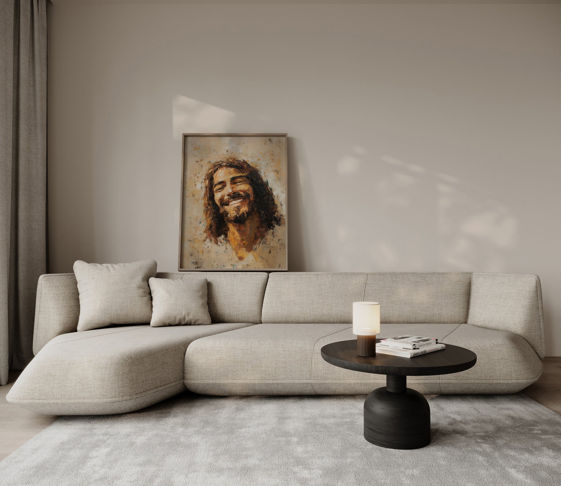 Textured modern Christian painting of Jesus smiling, with impasto brushwork, earthy tones, and subtle highlights that add life and radiance.