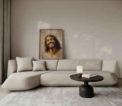 Textured modern Christian painting of Jesus smiling, with impasto brushwork, earthy tones, and subtle highlights that add life and radiance.