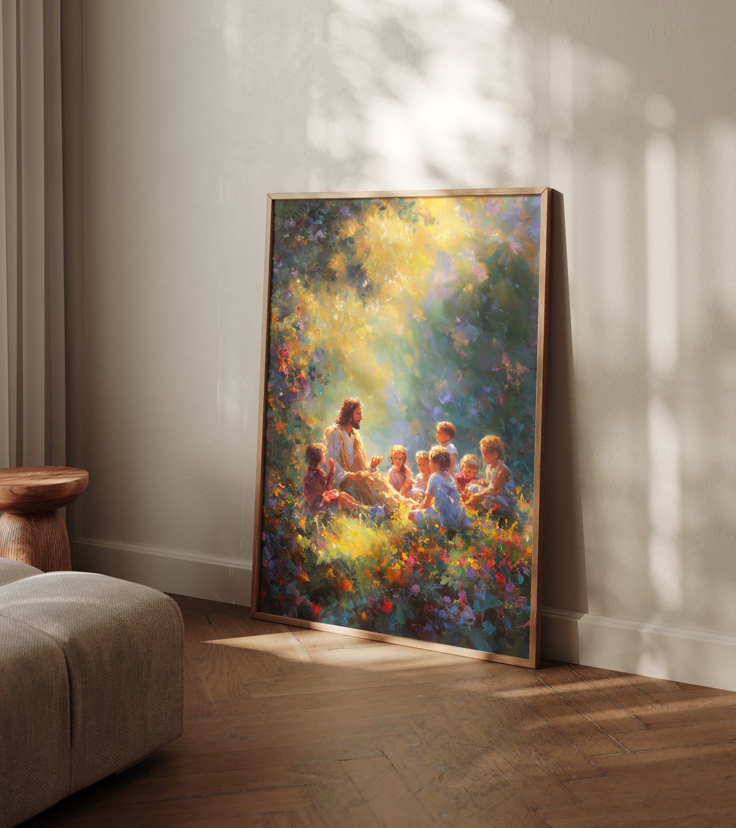Modern Christian art of Jesus teaching children, using impasto texture, bright highlights, and abstract foliage to create a colorful, ethereal scene.
