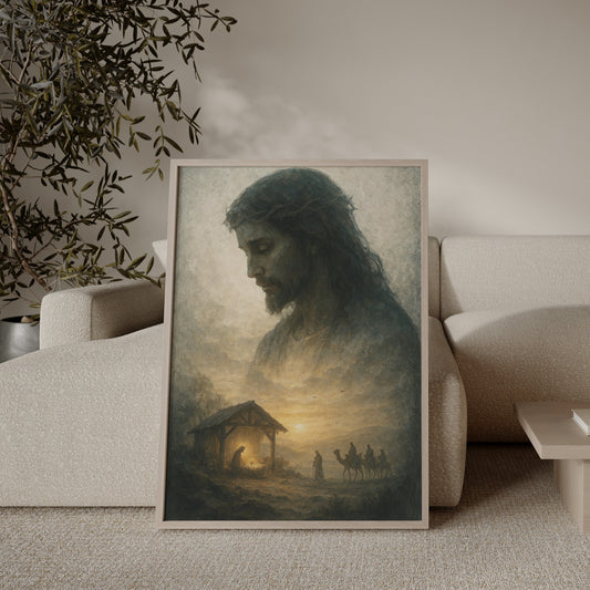 Christian painting of Jesus in the stable with the star over Bethlehem, guiding the Wise Men, depicted in a warm, spiritual impressionist style.