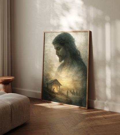 Christian painting of Jesus in the stable illuminated by the star over Bethlehem, rendered with soft brushstrokes, warm tones, and a sense of wonder.