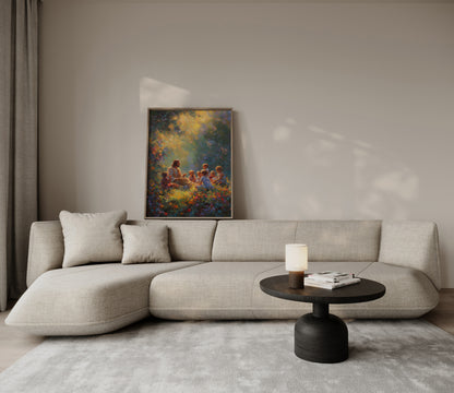 Contemporary Christian painting of Jesus teaching children in a garden, featuring abstract foliage, glowing light, and energetic textured brushstrokes.