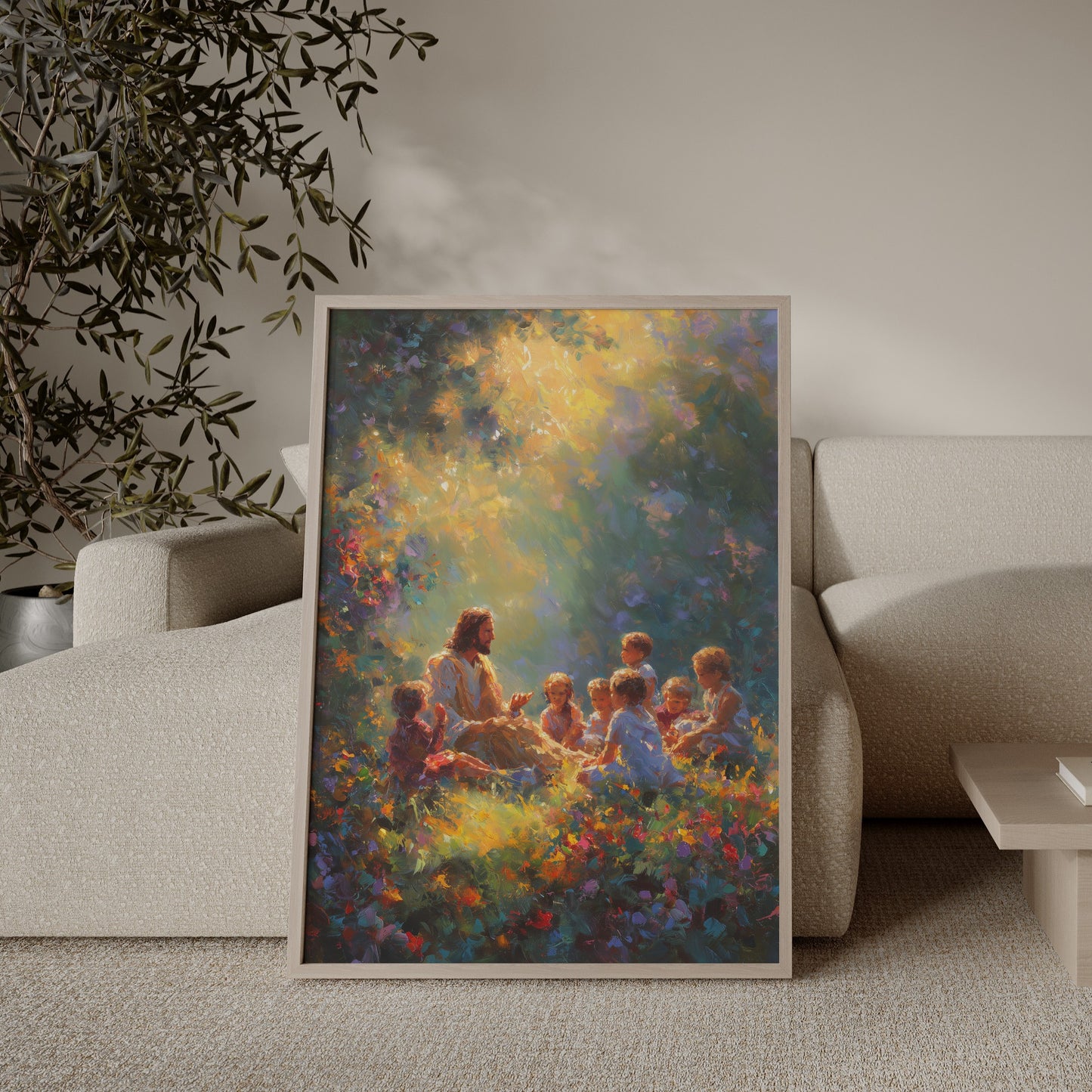 Jesus surrounded by children on grass – Christian wall art by JesusArtworks