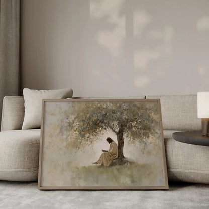 Jesus reading scripture under tree peaceful contemplative Christian wall art – JesusArtworks