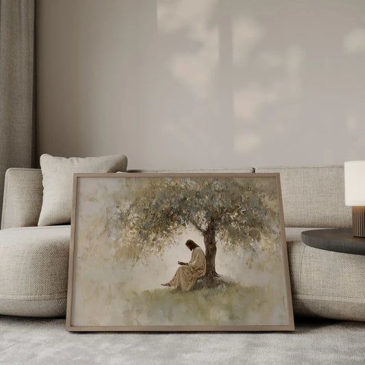 Jesus reading scripture under tree peaceful contemplative Christian wall art – JesusArtworks