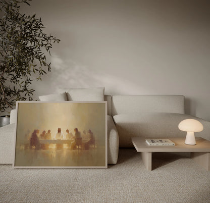 Framed Last Supper painting with divine golden light displayed in a neutral minimalist living room – Christian wall art