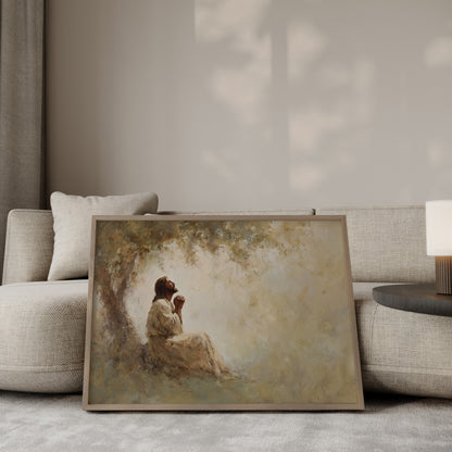 Jesus kneeling in prayer under tree in golden light – Christian art by JesusArtworks