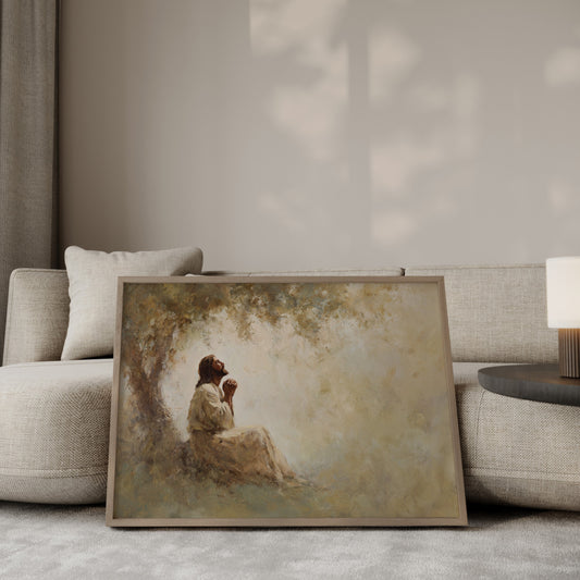 Contemporary Christian art portraying Jesus under a tree in prayer, using muted earth tones and an atmospheric, peaceful style.