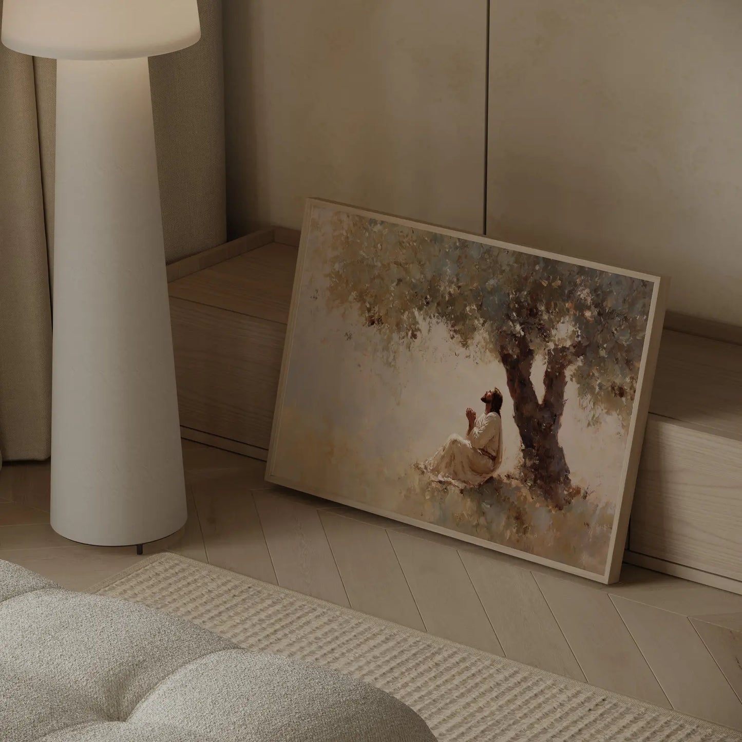 Christian prayer room wall art featuring Jesus sitting under ancient tree – The Quiet Prayer museum-quality print