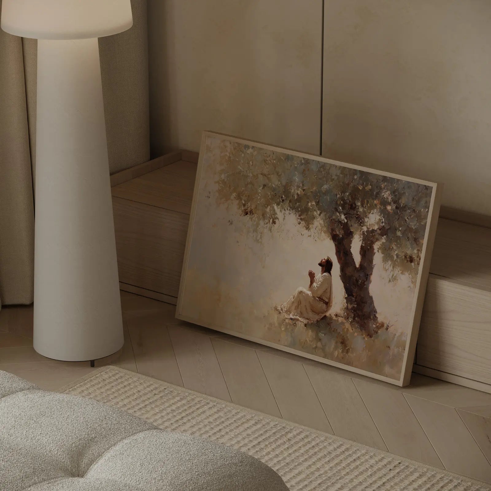 Christian prayer room wall art featuring Jesus sitting under ancient tree – The Quiet Prayer museum-quality print