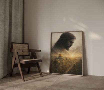 Symbolic Christian artwork showing Jesus gazing over Jerusalem, with textured brushstrokes, soft light, and a divine, serene atmosphere.