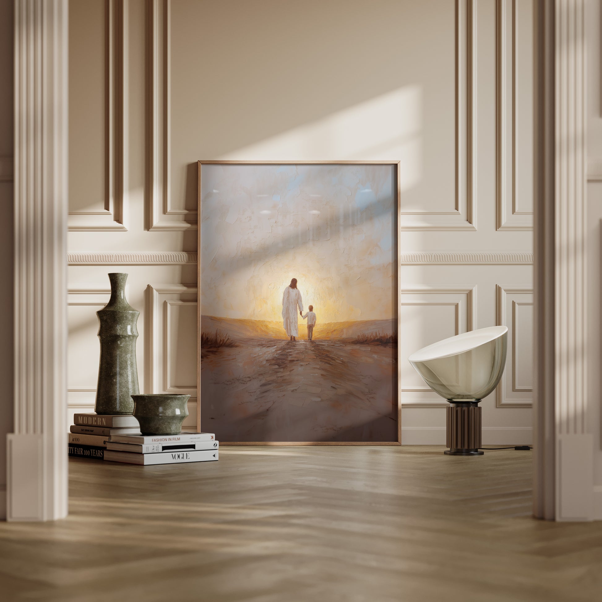 Minimalist spiritual painting of Jesus walking next to a child, featuring abstracted forms, soft hazy sky, and impasto texture for a tactile, serene scene.