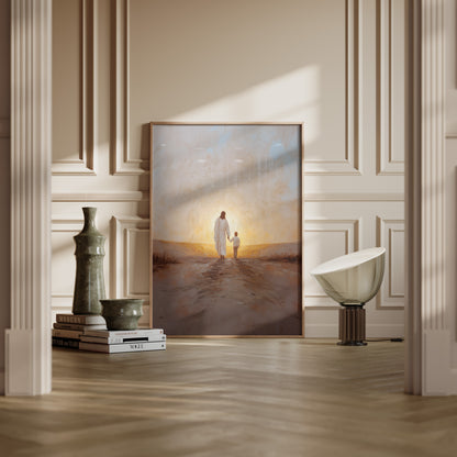 Minimalist spiritual painting of Jesus walking next to a child, featuring abstracted forms, soft hazy sky, and impasto texture for a tactile, serene scene.